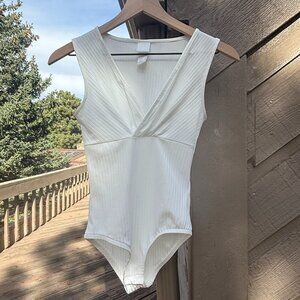 H&M White Ribbed Deep V-Neck Sleeveless Bodysuit